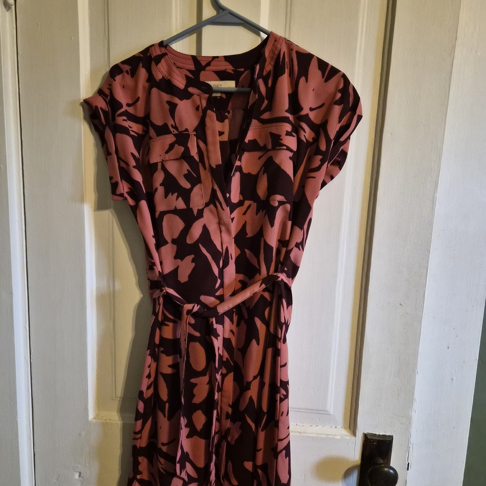 LOFT Abstract Pink and Black Midi Dress